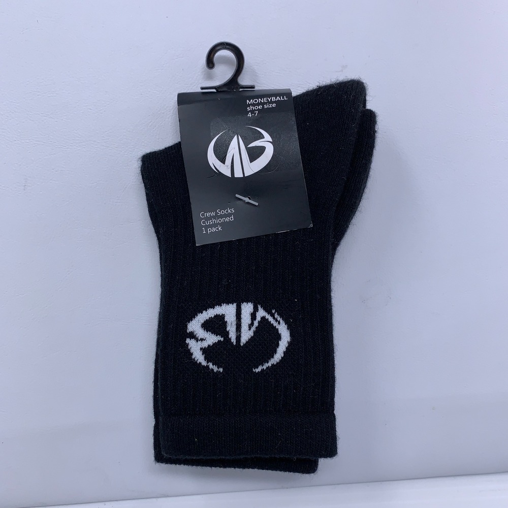 Moneyball Youth Sz 4-7 Black Cushioned Logo Athletic Crew Socks NWT